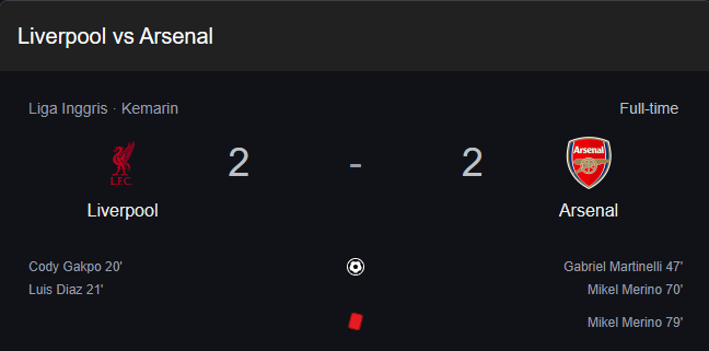 Liverpool vs Arsenal Imbang 2-2, Sementara MU dan Chelsea Dibantai Lawan